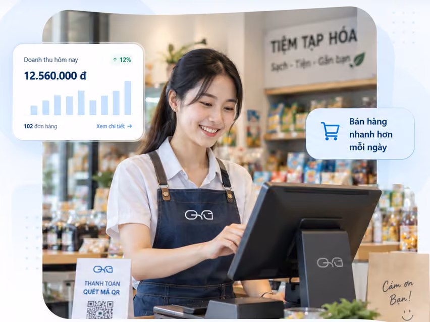 Ảnh concept đã duyệt: nhân viên thao tác trên máy POS tại cửa hàng; chỉ số doanh thu trong hình là dữ liệu mẫu