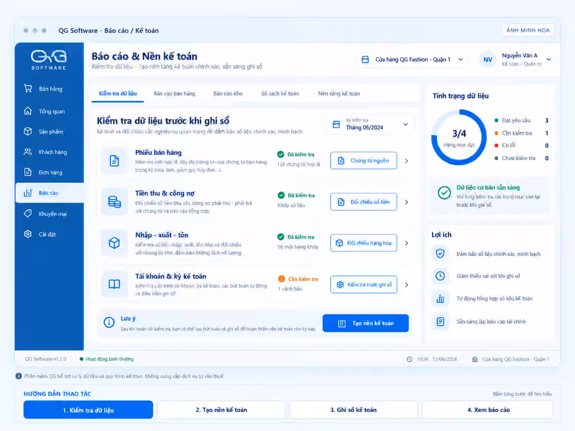 Minh họa báo cáo & kế toán QG Software, dữ liệu mẫu