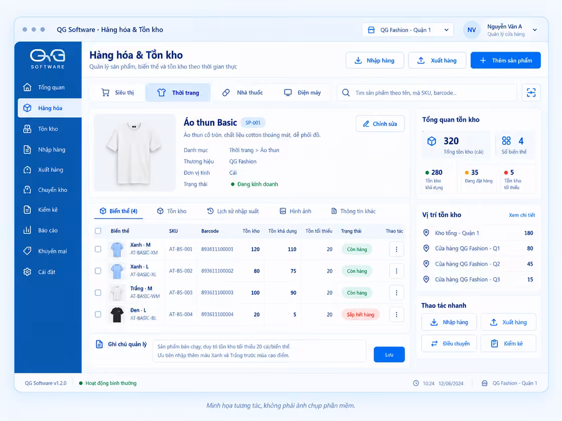 Minh họa kho & hàng hóa QG Software, dữ liệu mẫu