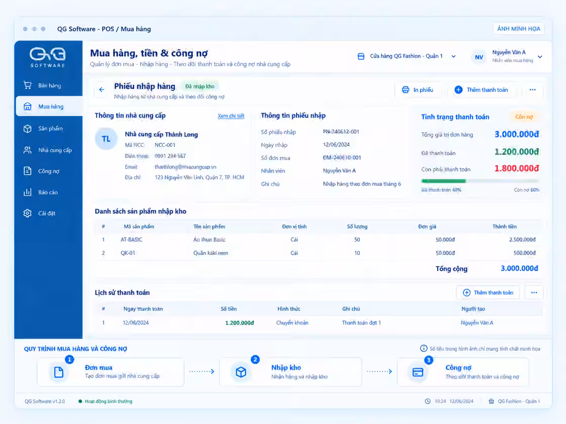 Minh họa mua hàng & công nợ QG Software, dữ liệu mẫu
