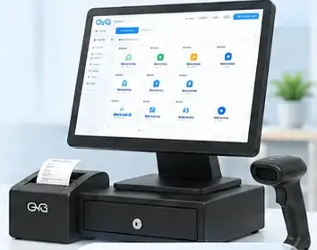 Hình minh họa quầy bán hàng gồm màn hình, máy quét, máy in phiếu và ngăn kéo